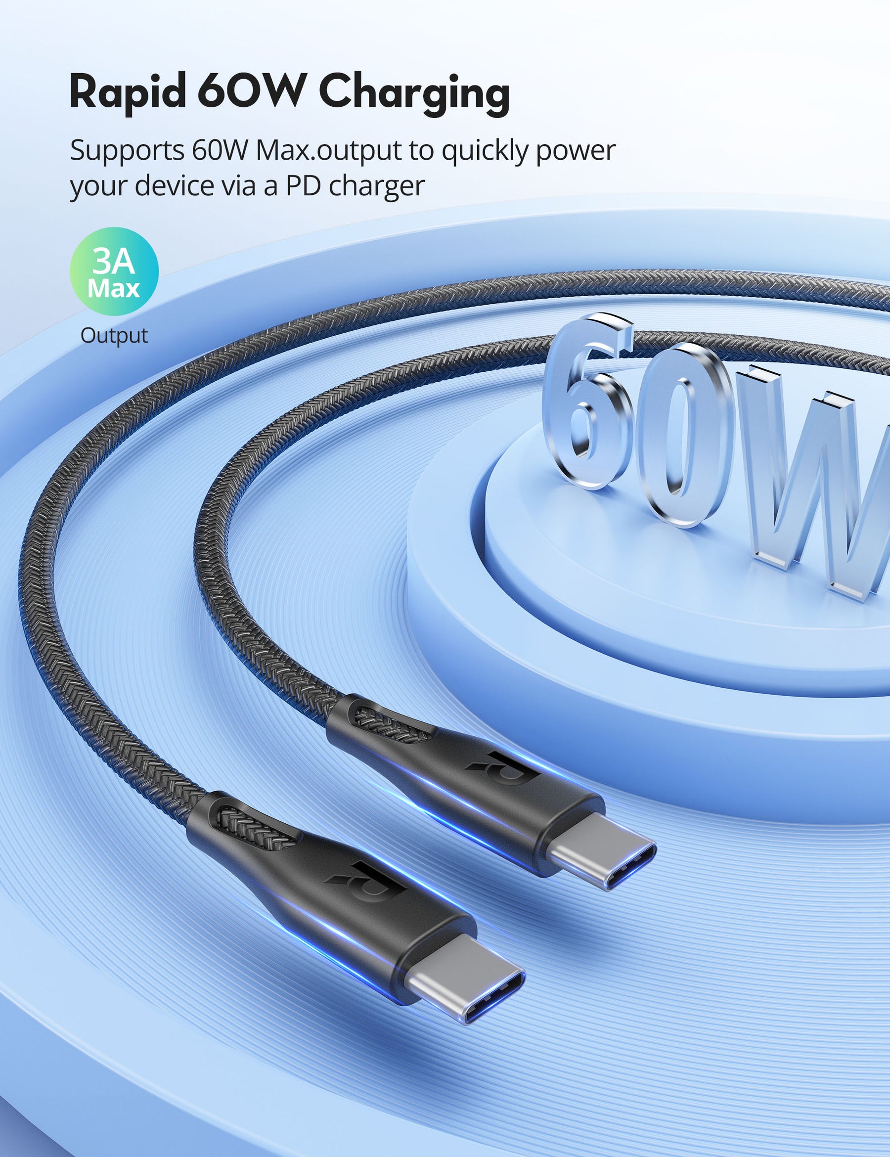 RAVPower USB C to C 60W Cable (3.9ft / 6.5ft Nylon Braid)