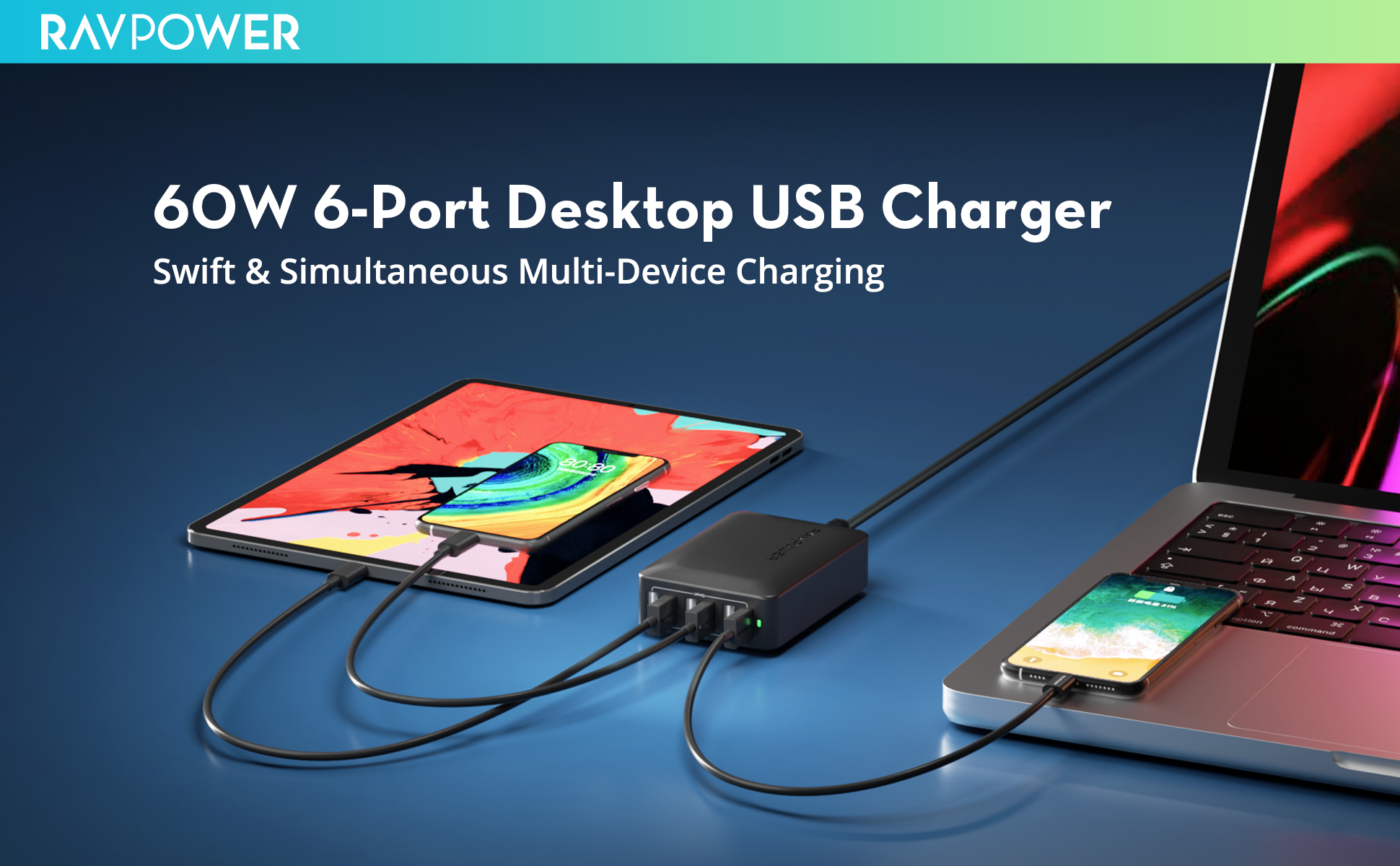 RAVPower 60W 12A 6-Port Desktop Charger