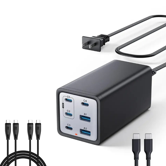 200W USB C Desktop Charger - 6 Ports GaN Power Adapter & Fast Charging Station +2 Pack RP-CB1037 60W C-C 1.2M USB2.0 3A Cable