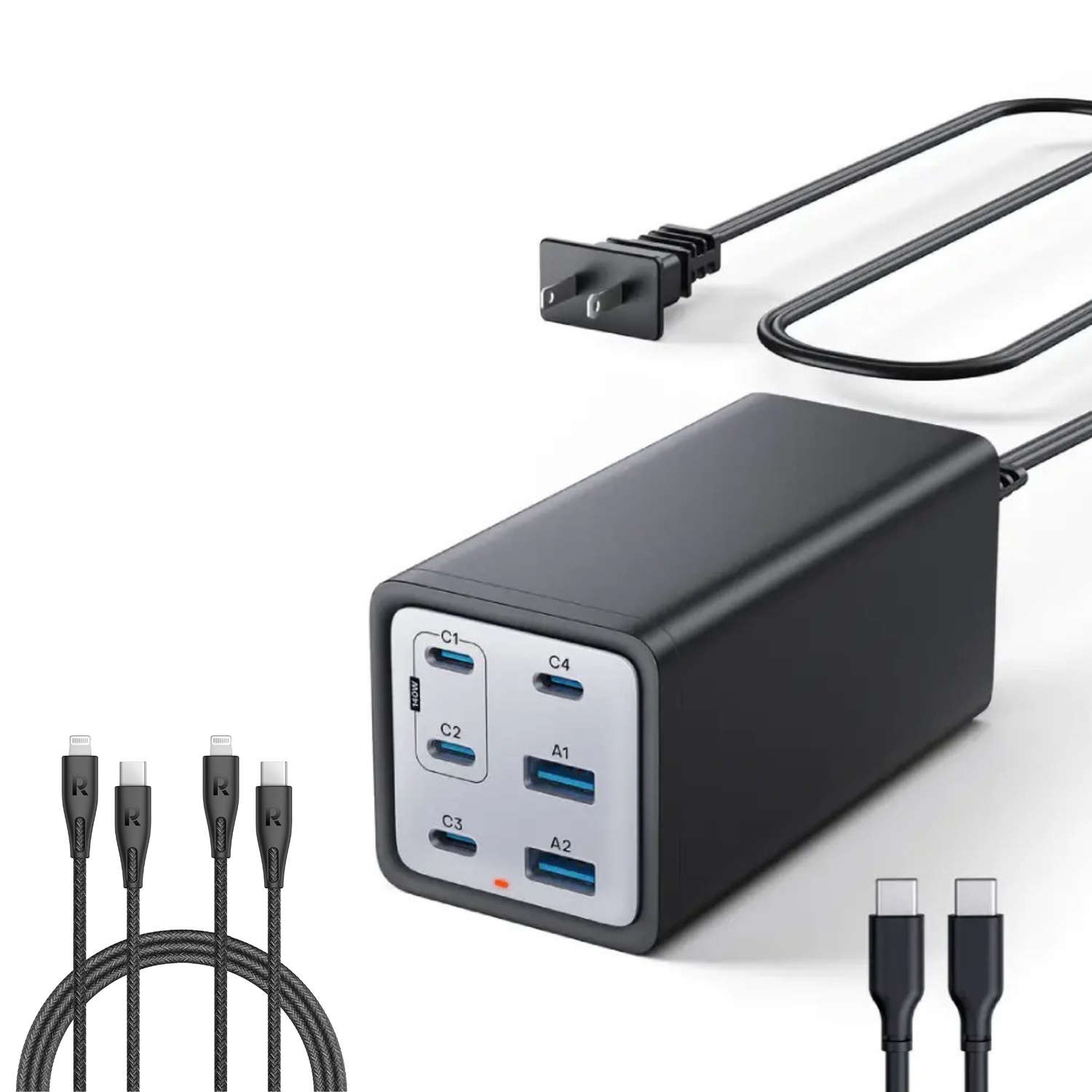 200W USB C Desktop Charger - 6 Ports GaN Power Adapter & Fast Charging Station +2 Pack RP-CB1018 Type-C to Lightning Cable 2m