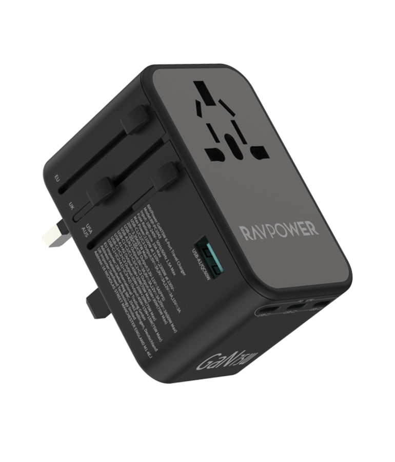 RAVPower RP-PC1043 GaN 75W Travel Adapter 6-Port PD Power Charger with 1 AC, 3 USB-C and 2 USB-A Ports