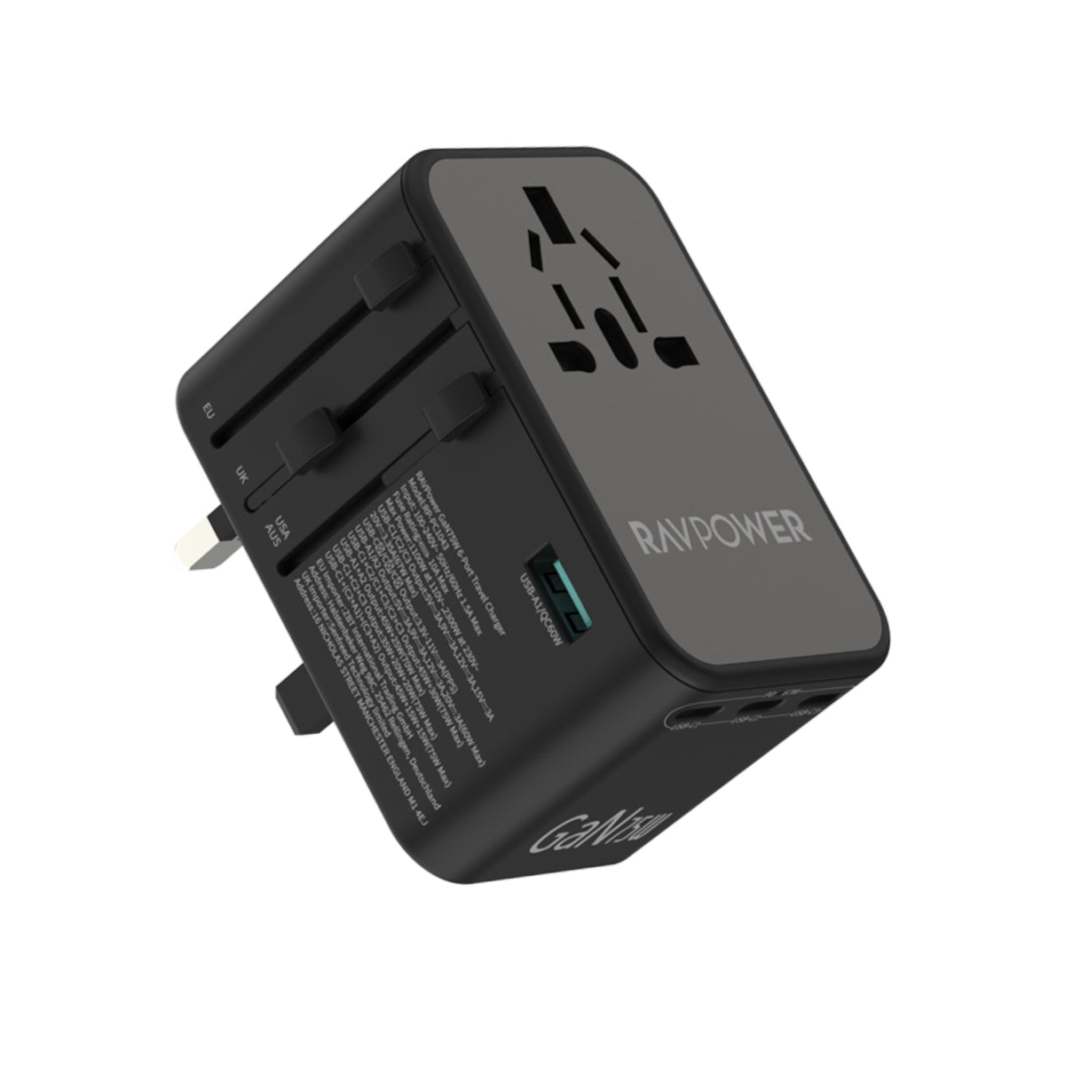 RAVPower RP-PC1043 GaN 75W Travel Adapter 6-Port PD Power Charger with 1 AC, 3 USB-C and 2 USB-A Ports