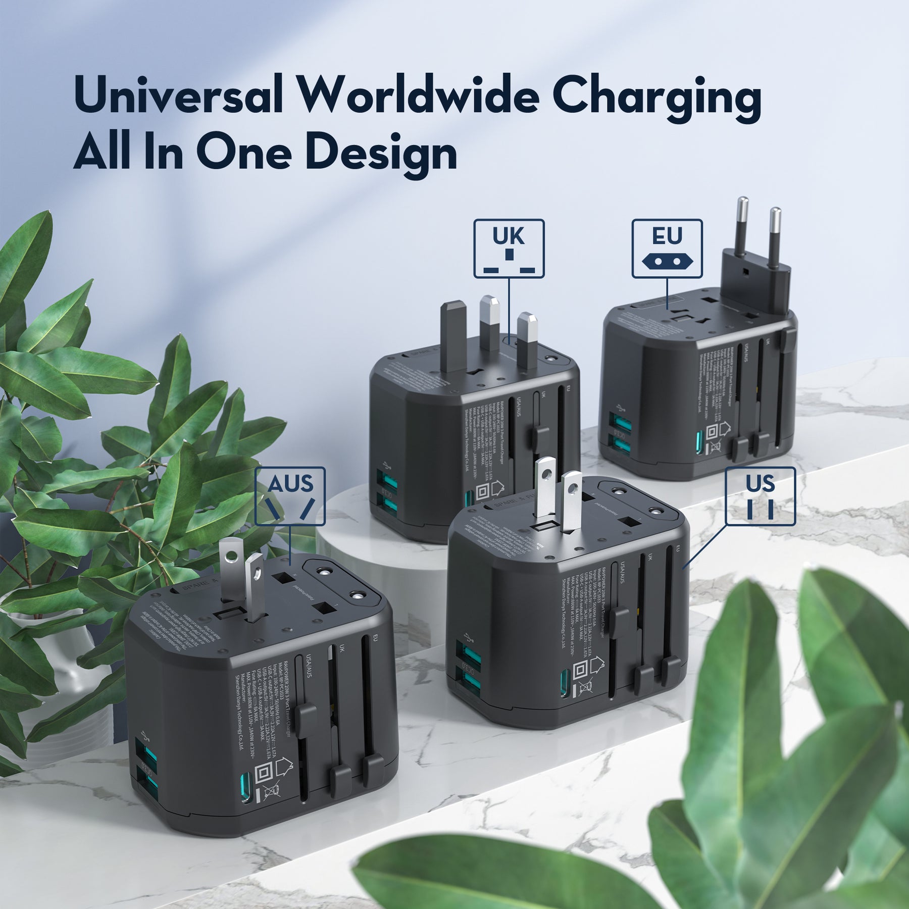 RAVPower RP-PC1033 GaN 20W Travel Adapter 4-Port PD Power Charger with 1 AC, 1 USB-C and 2 USB-A Ports