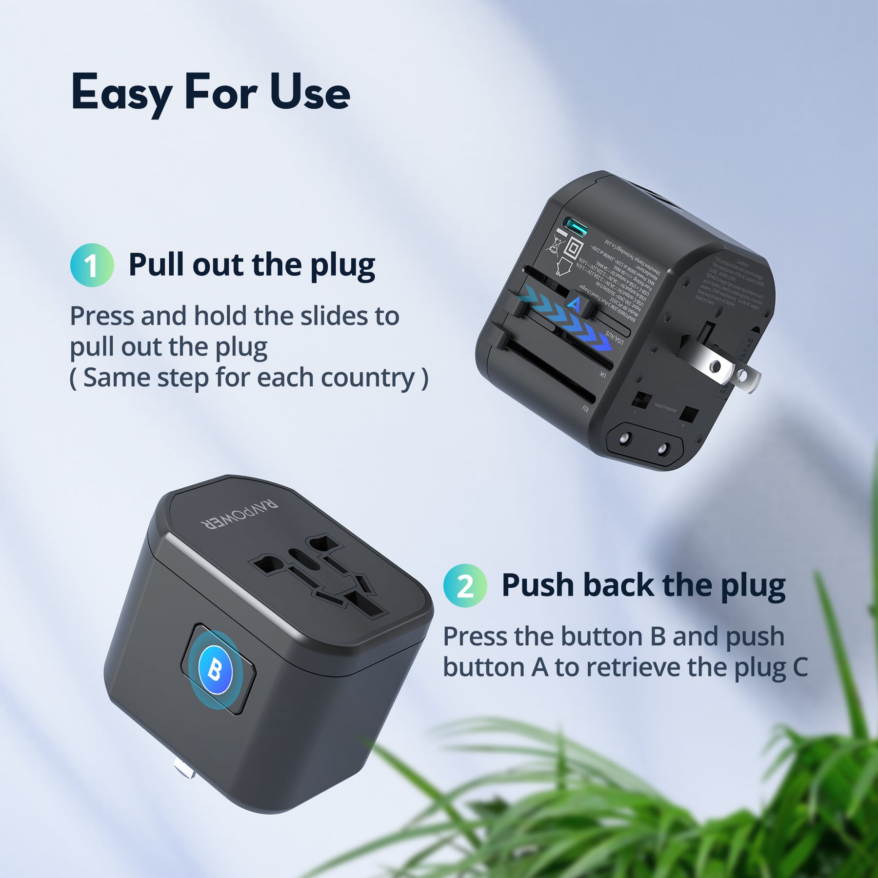 RAVPower RP-PC1033 GaN 20W Travel Adapter 4-Port PD Power Charger with 1 AC, 1 USB-C and 2 USB-A Ports
