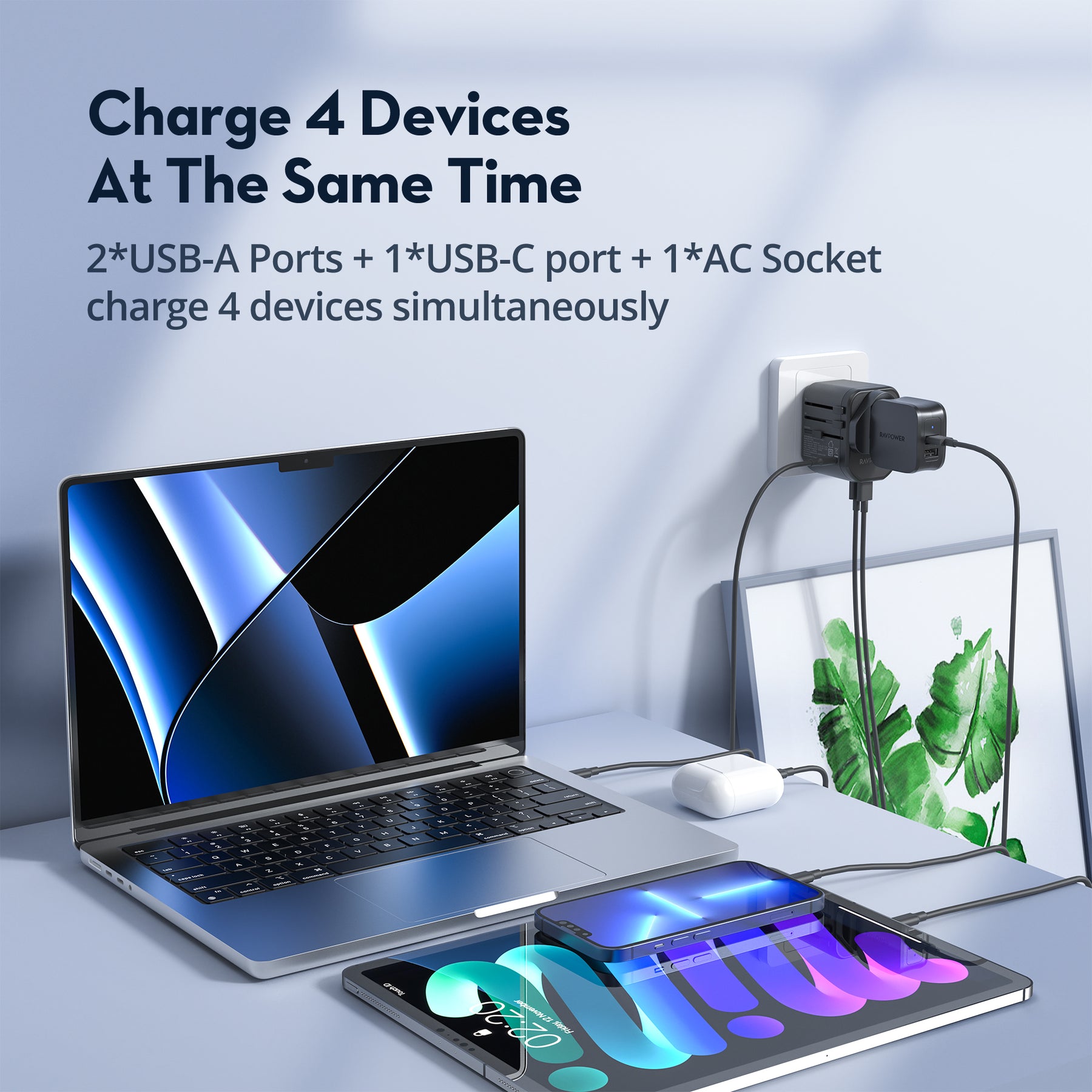 RAVPower RP-PC1033 GaN 20W Travel Adapter 4-Port PD Power Charger with 1 AC, 1 USB-C and 2 USB-A Ports