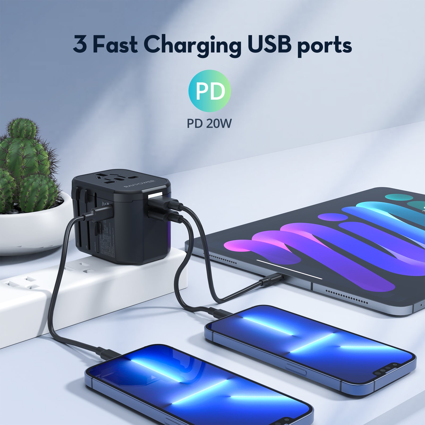 RAVPower RP-PC1033 GaN 20W Travel Adapter 4-Port PD Power Charger with 1 AC, 1 USB-C and 2 USB-A Ports