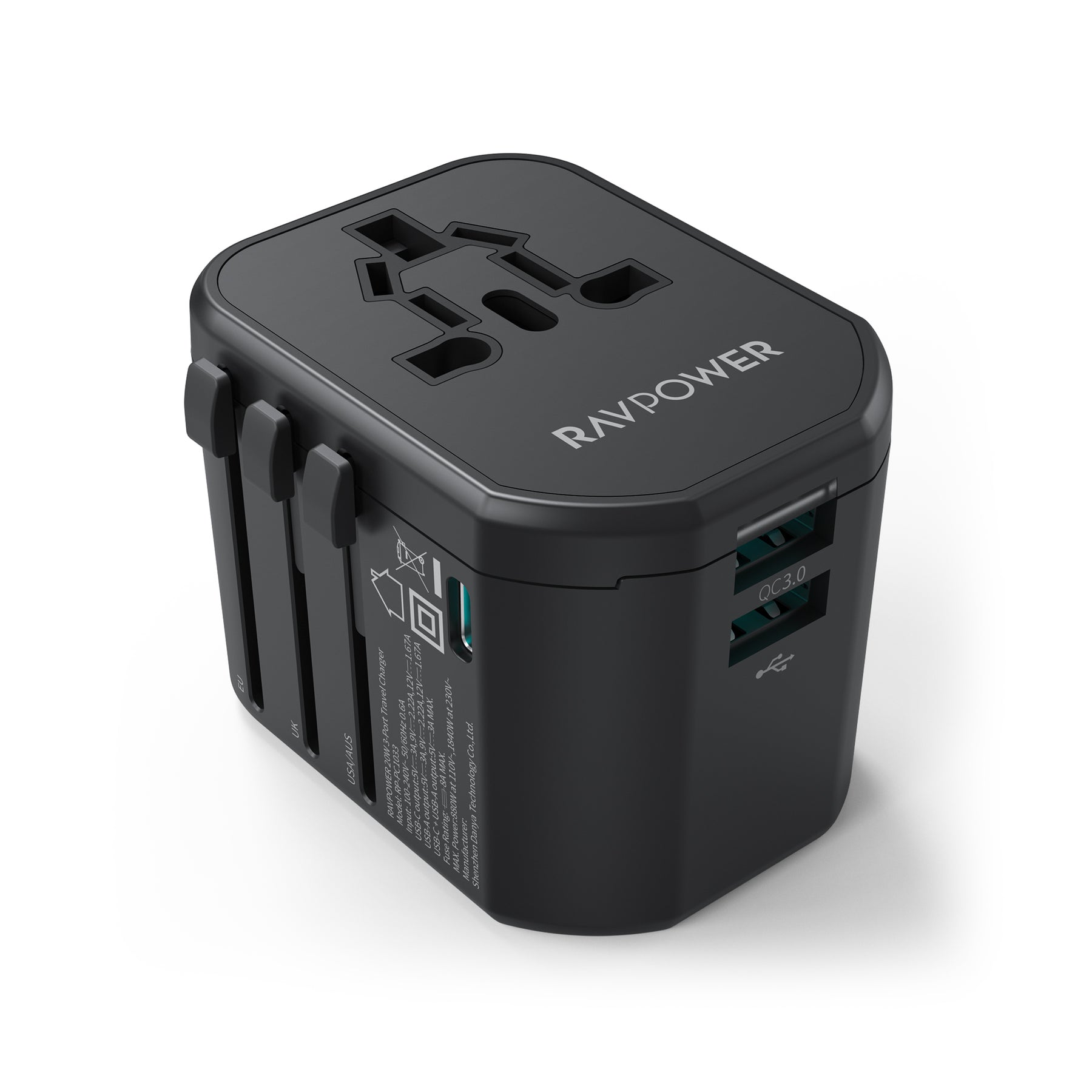 RAVPower RP-PC1033 GaN 20W Travel Adapter 4-Port PD Power Charger with 1 AC, 1 USB-C and 2 USB-A Ports