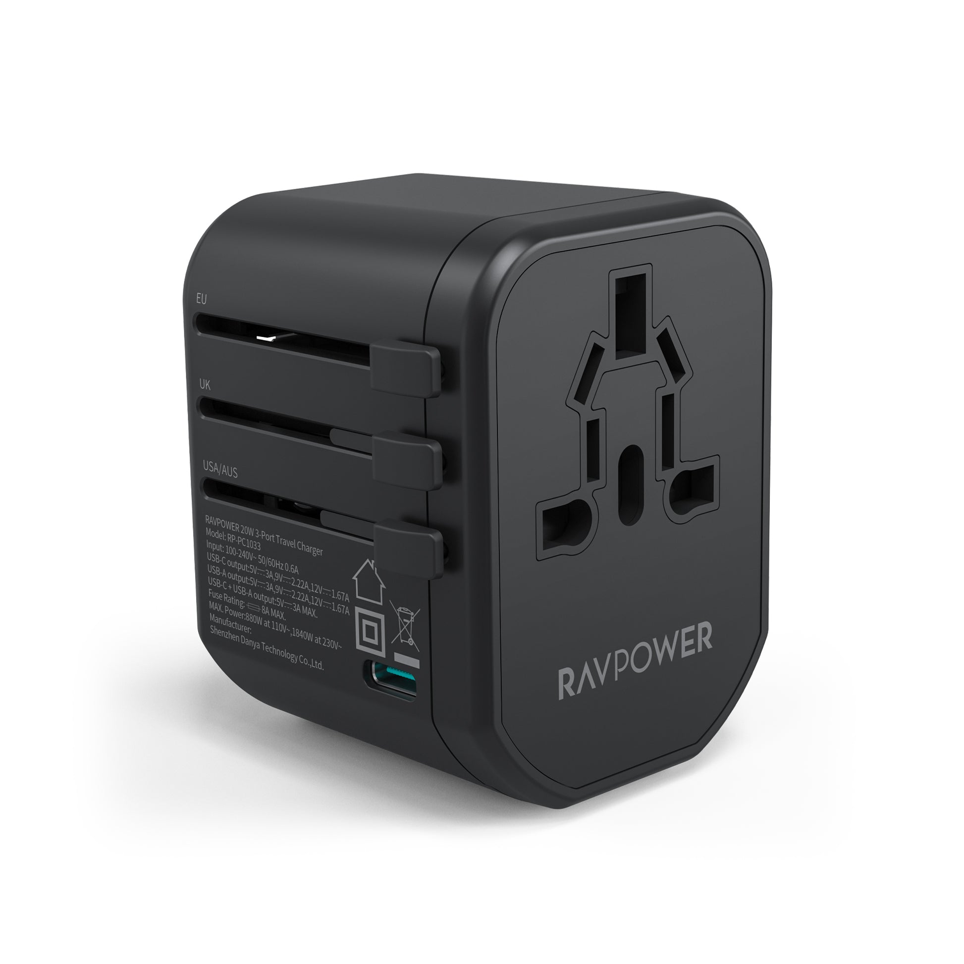 RAVPower RP-PC1033 GaN 20W Travel Adapter 4-Port PD Power Charger with 1 AC, 1 USB-C and 2 USB-A Ports