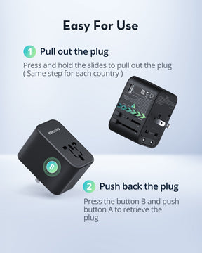 RAVPower RP-PC1034 GaN 65W Travel Adapter 4-Port PD Power Charger with 1 AC, 2 USB-C and 1 USB-A Ports