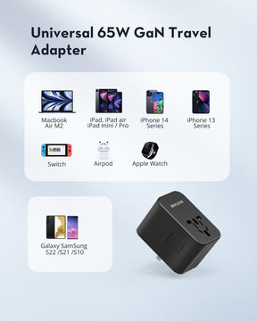 RAVPower RP-PC1034 GaN 65W Travel Adapter 4-Port PD Power Charger with 1 AC, 2 USB-C and 1 USB-A Ports