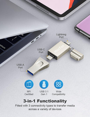 HooToo Flash Drive 3 in 1 External Drive, USB 3.1 Memory Backup Stick-RAVPower