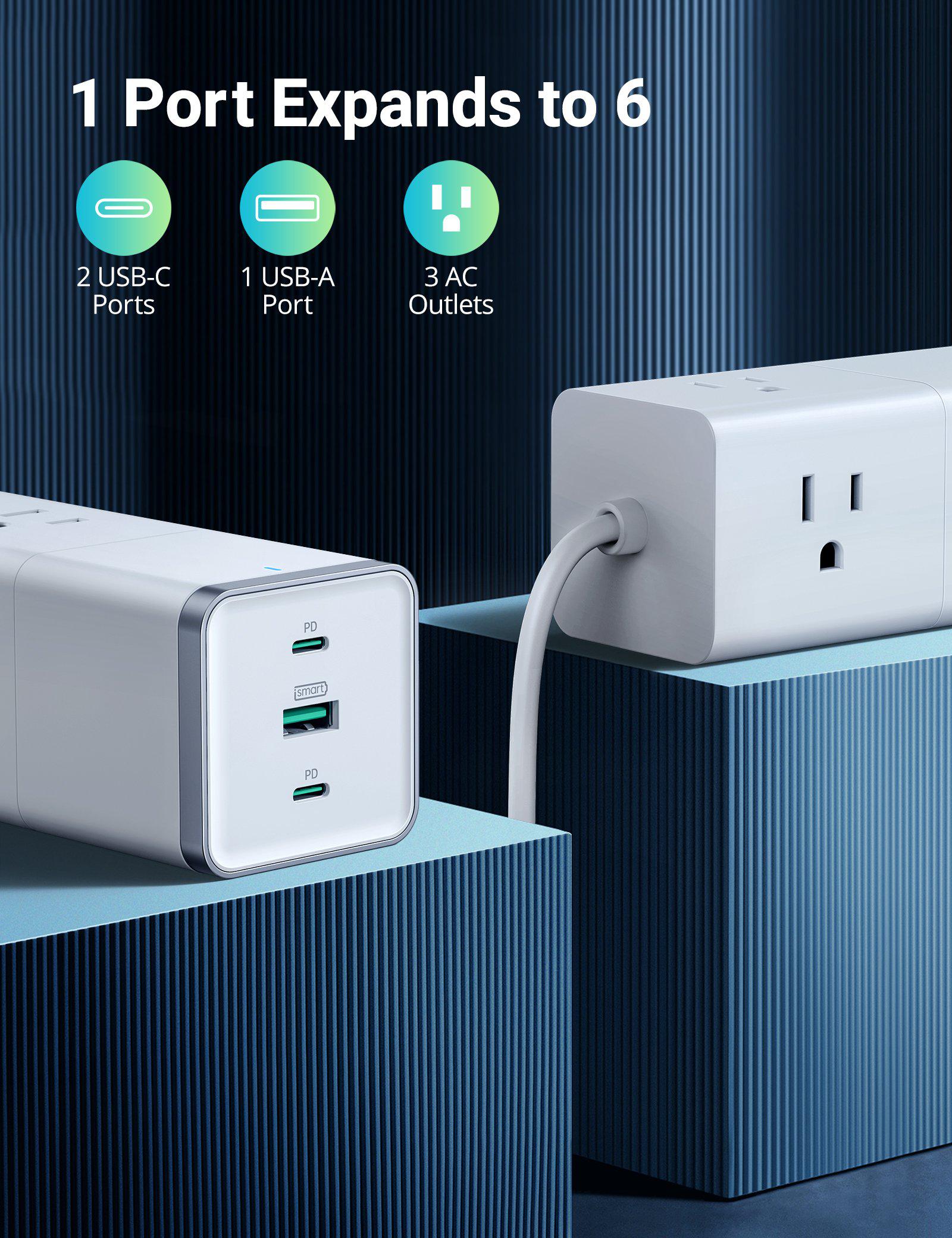 Pioneer 6-Port Power Strip, 3 AC Outlets, Flat Plug-RAVPower