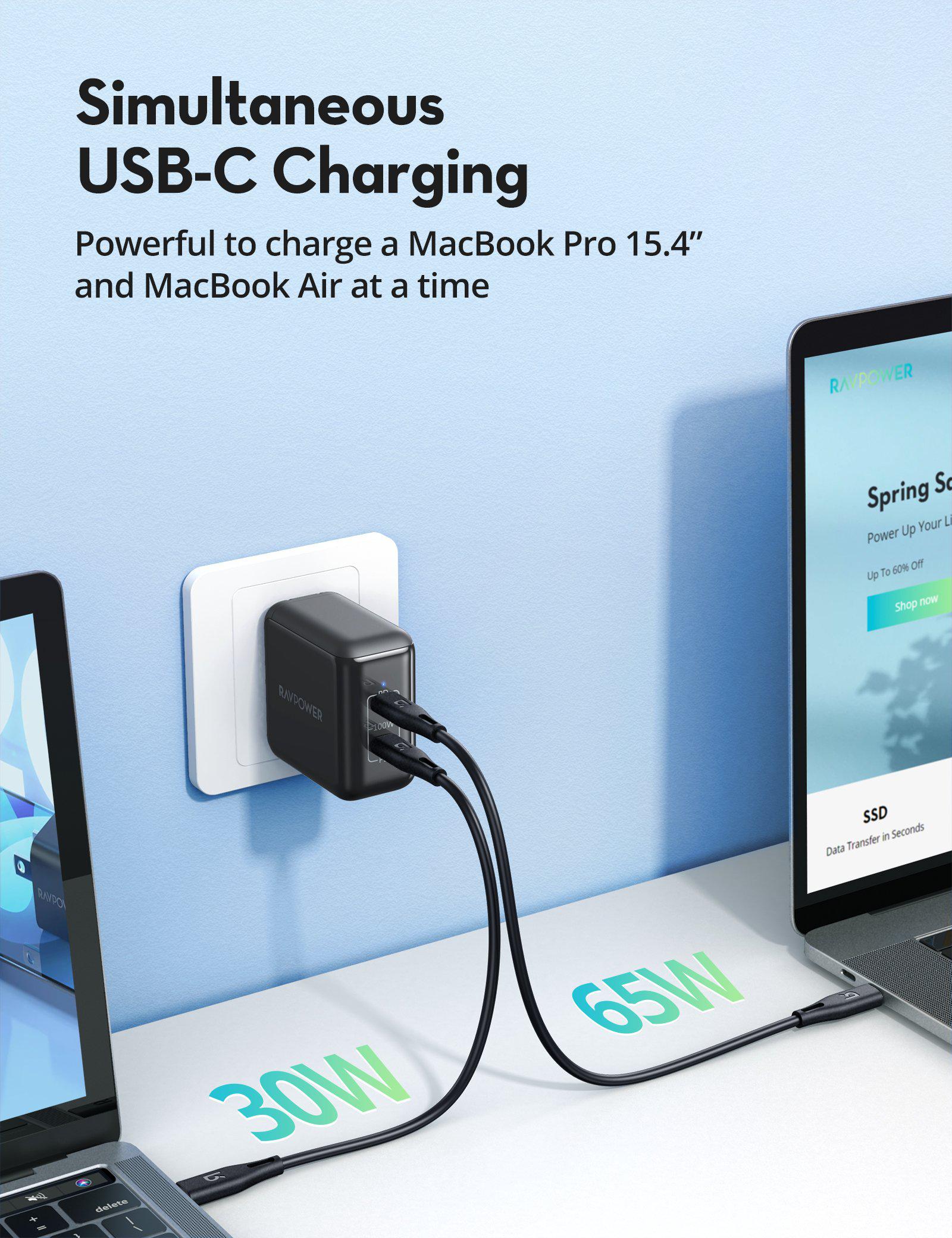 100W 2 USB C Ports PD Wall Charging Adapter with E-Mark Cable-RAVPower