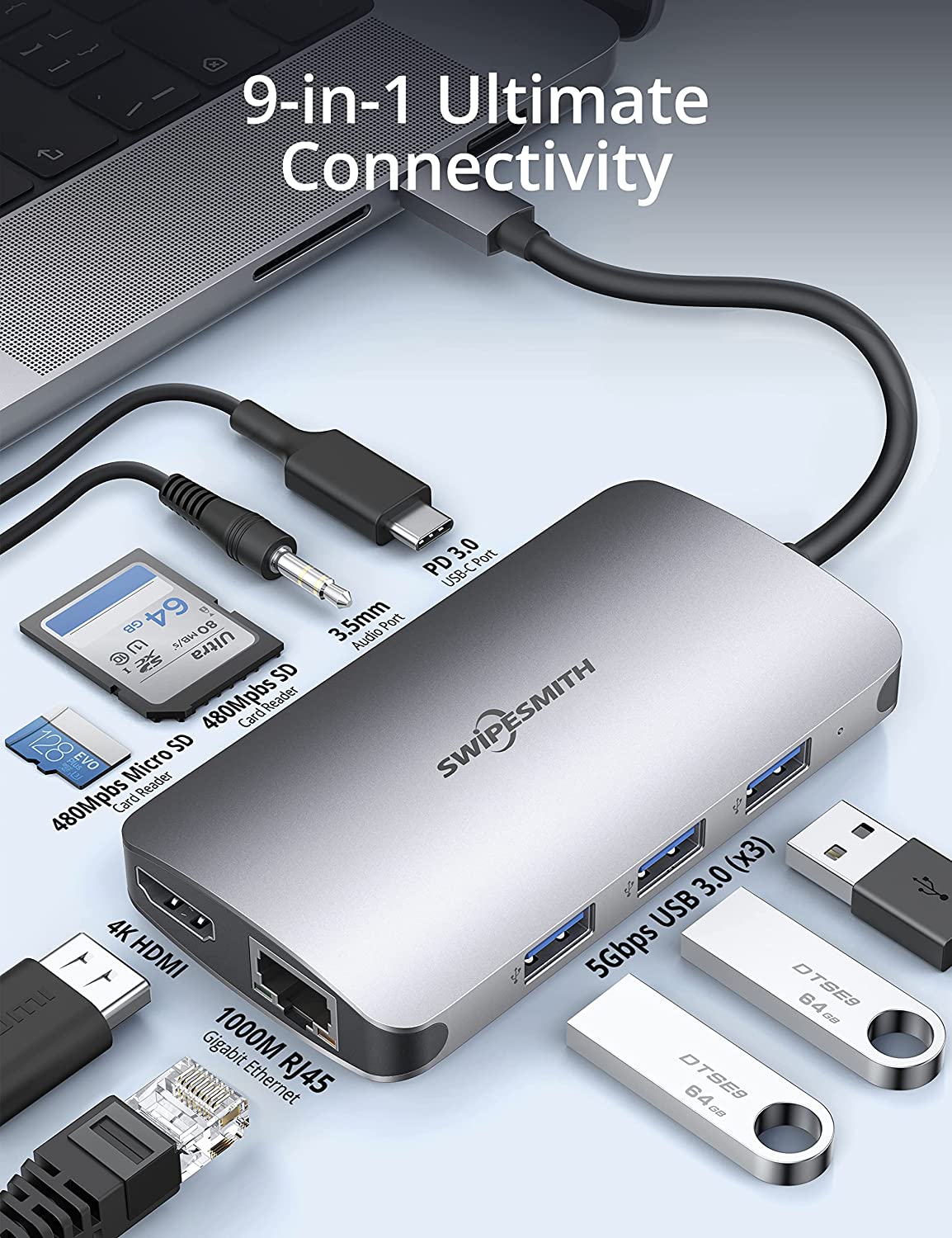 USB-C Multiport Adapter 8 in 1, HDMI 4K, VGA, HDTV, USB 3.0
