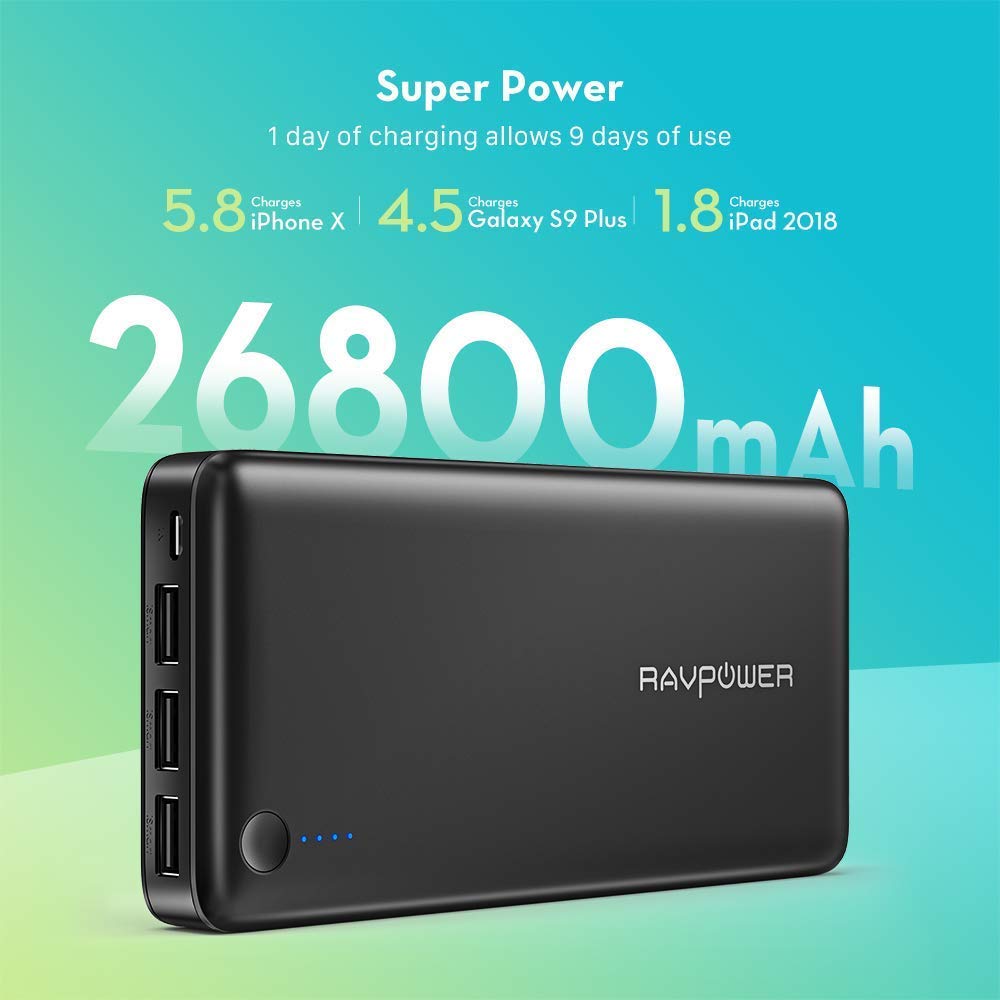 RAVPower 26800mAh Portable Charger Power Bank with 2A Wall Charger