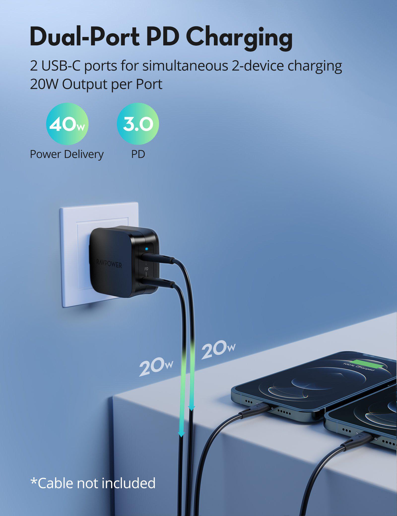 40W 2-Port iPhone Fast Charger with 20W USB-C Power Adapter-RAVPower