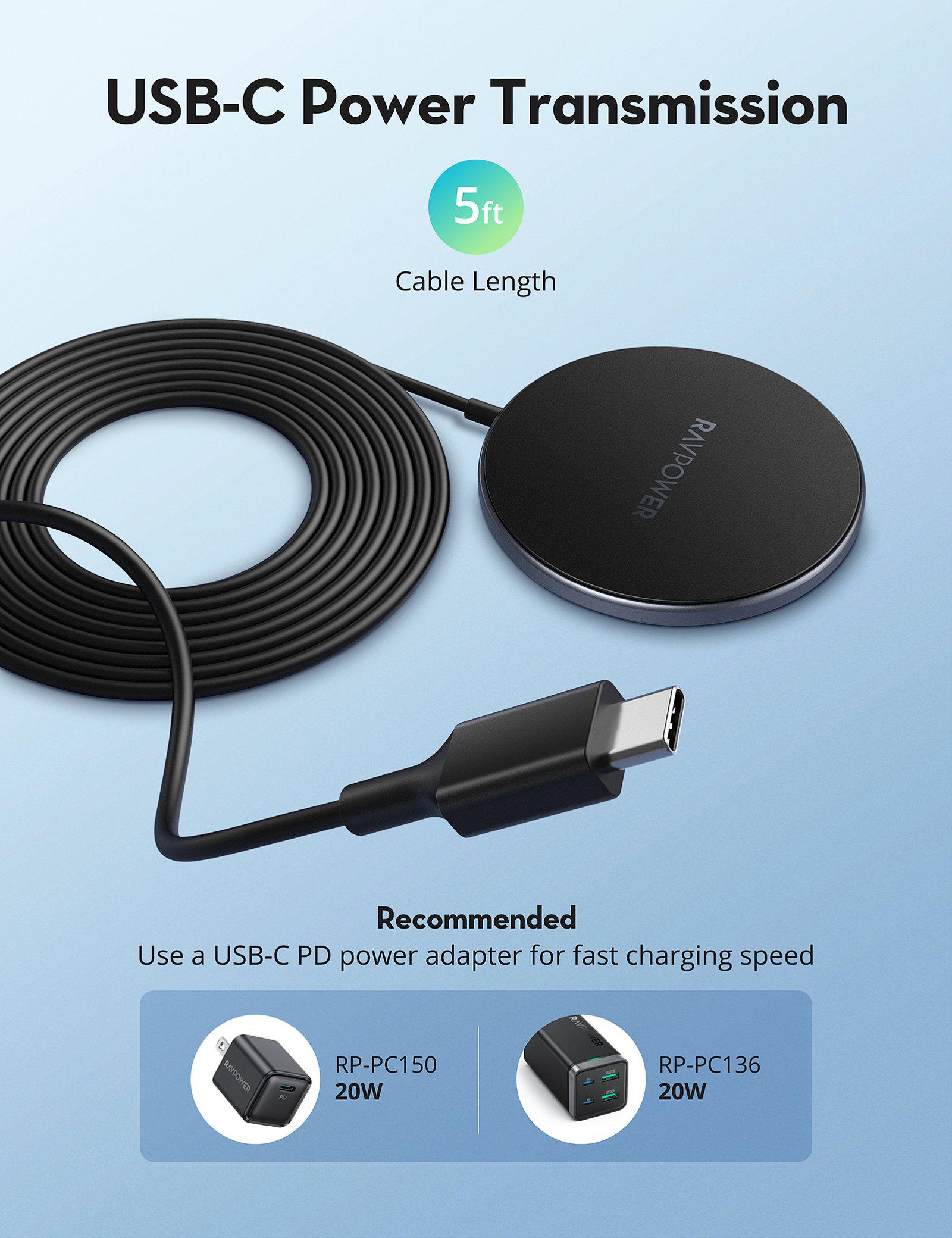 Magnetic Wireless Charger for iPhone 12, Wireless Charging Pad with 5ft Cable with USB-C Connector-RAVPower