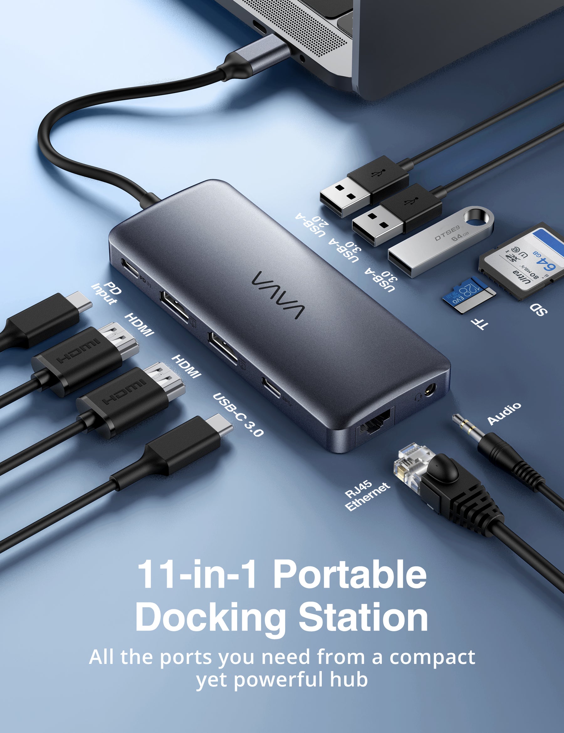 VAVA USB C Hub, 11-in-1 Docking Station with Dual 4K HDMI, 4 USB Ports, 100W PD Charging-RAVPower