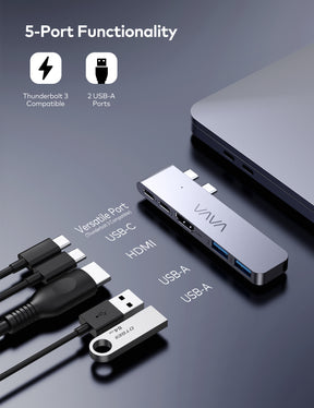 VAVA 5-Port USB-C Hub for MacBook Pro/Air, Dual-Monitor Adapter, 5K 60Hz Display, HDMI Video Output-RAVPower