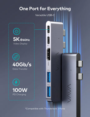 VAVA 5-Port USB-C Hub for MacBook Pro/Air, Dual-Monitor Adapter, 5K 60Hz Display, HDMI Video Output-RAVPower